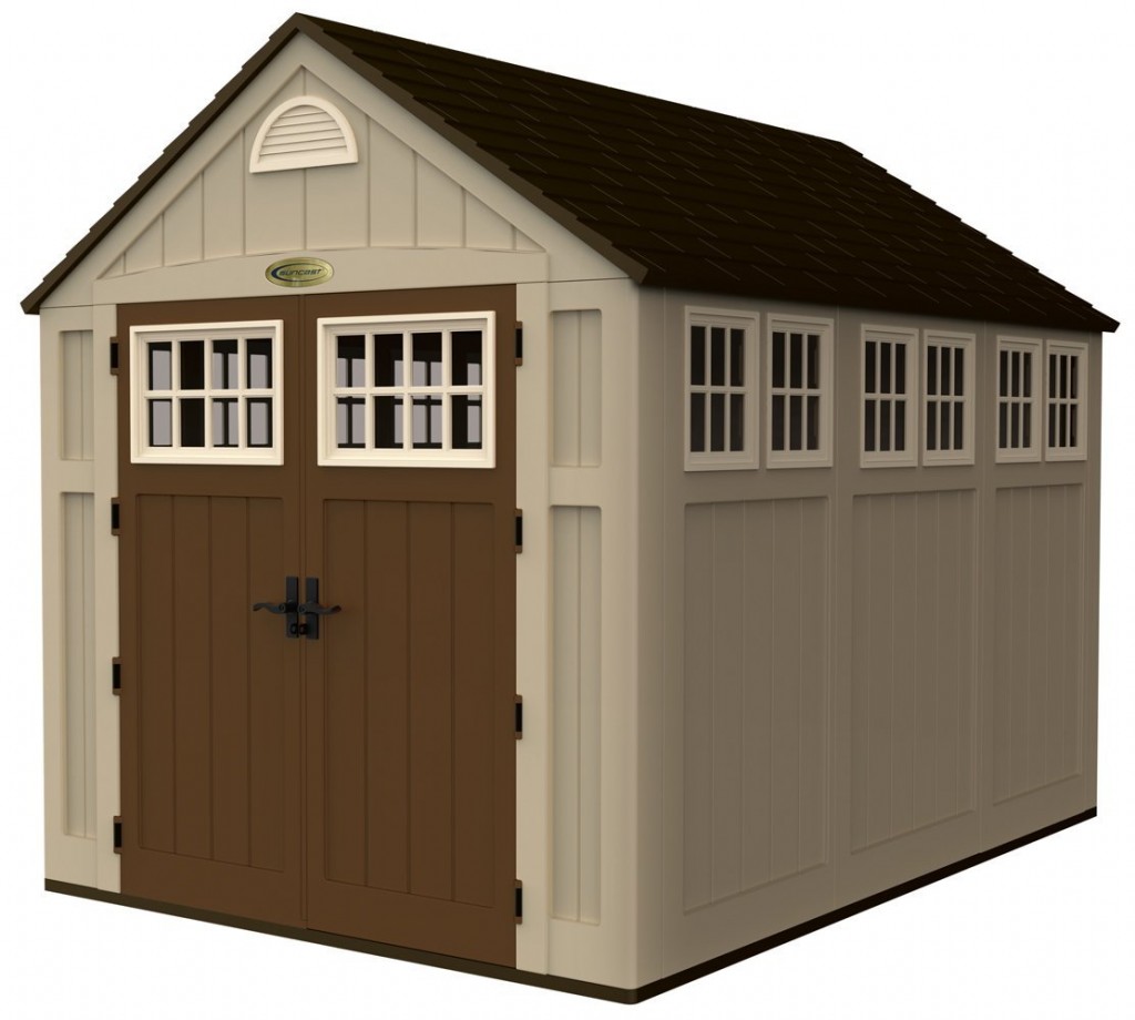 The Suncast 7 1/2 feet by 10 1/2 feet storage shed features 1 1/2 